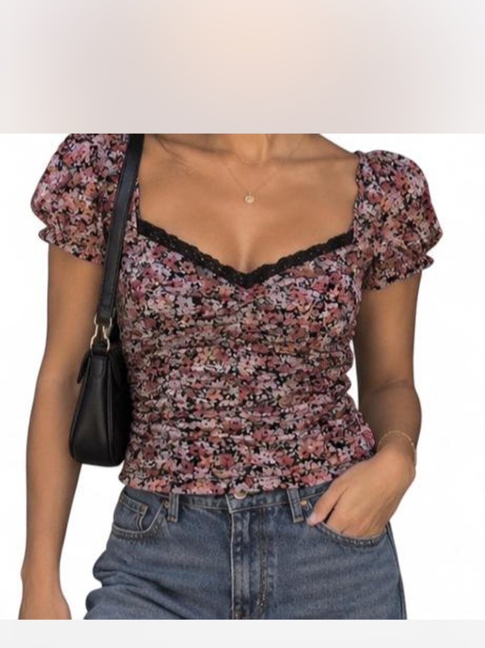 Crave Fame Floral Short Sleeve Top in Black & Pink Size Small